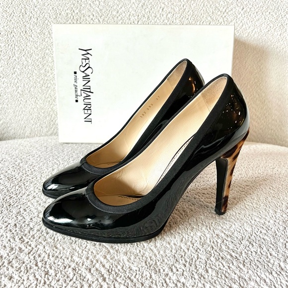 Yves Saint Laurent Black Patent Leather Pumps w/ Leopard Print Heels - Picture 4 of 5